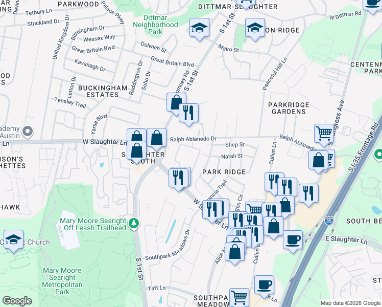 map of restaurants, bars, coffee shops, grocery stores, and more near 420 West Slaughter Lane in Austin