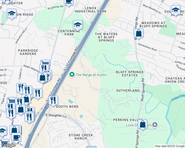 map of restaurants, bars, coffee shops, grocery stores, and more near 8003 South Interstate 35 Frontage Road in Austin