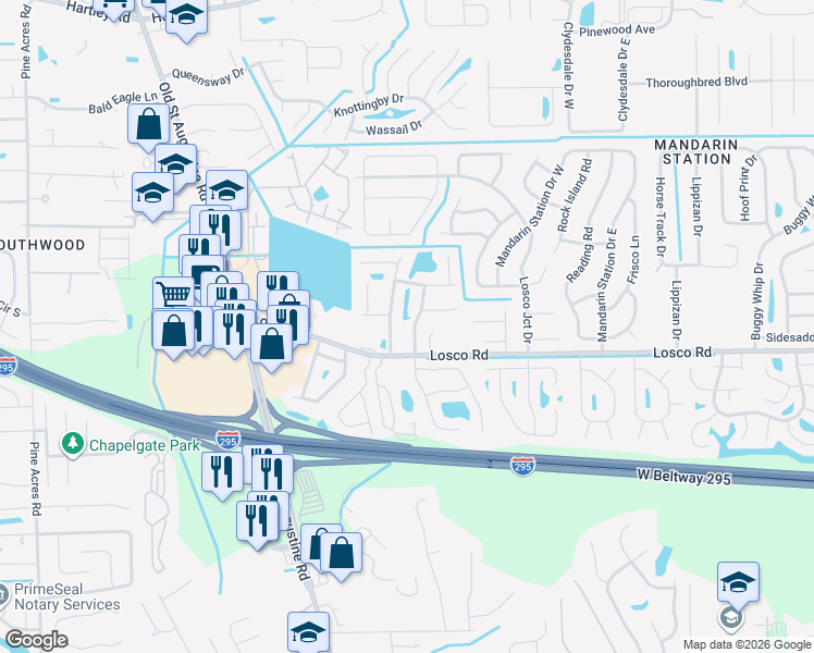 map of restaurants, bars, coffee shops, grocery stores, and more near 11088 Wandering Oaks Drive in Jacksonville