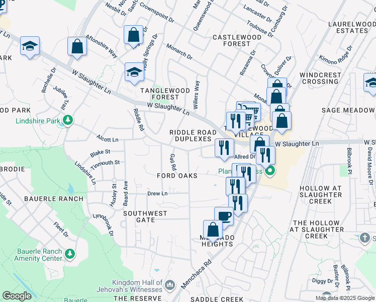 map of restaurants, bars, coffee shops, grocery stores, and more near 6523 Old Manchaca Road in Austin