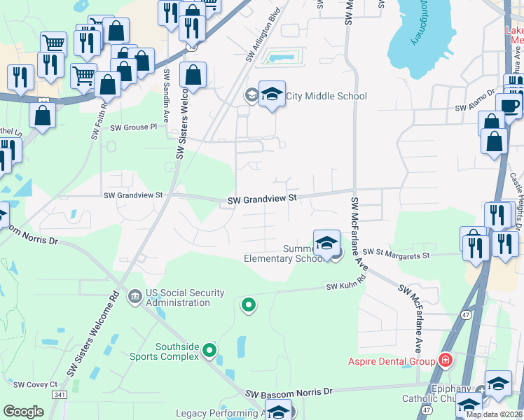 map of restaurants, bars, coffee shops, grocery stores, and more near 1136 Southwest Fairfax Glen in Lake City