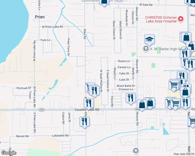 map of restaurants, bars, coffee shops, grocery stores, and more near 4700 W Quail Hollow Dr in Lake Charles