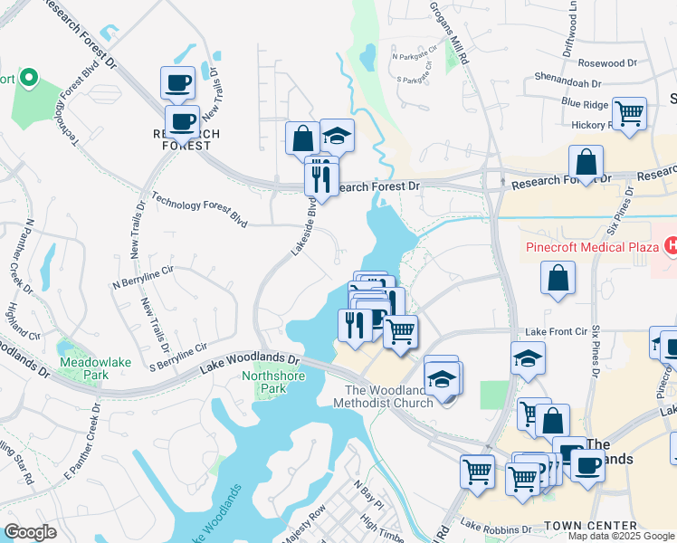map of restaurants, bars, coffee shops, grocery stores, and more near 2445 Technology Forest Boulevard in The Woodlands