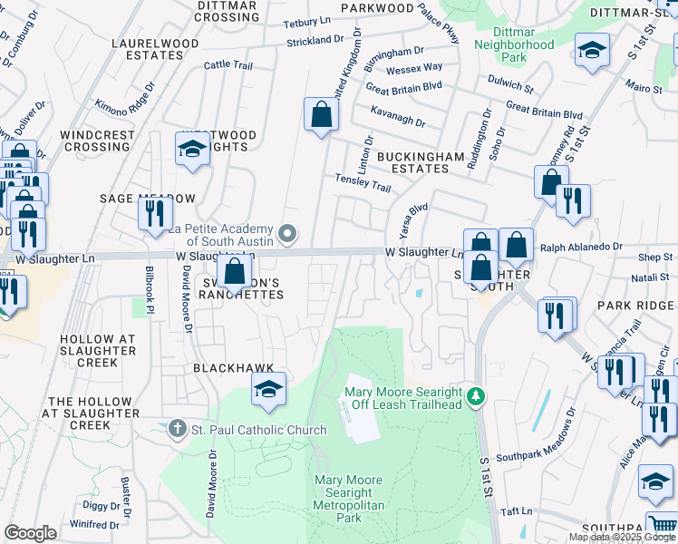 map of restaurants, bars, coffee shops, grocery stores, and more near 9305 Tanager Way in Austin