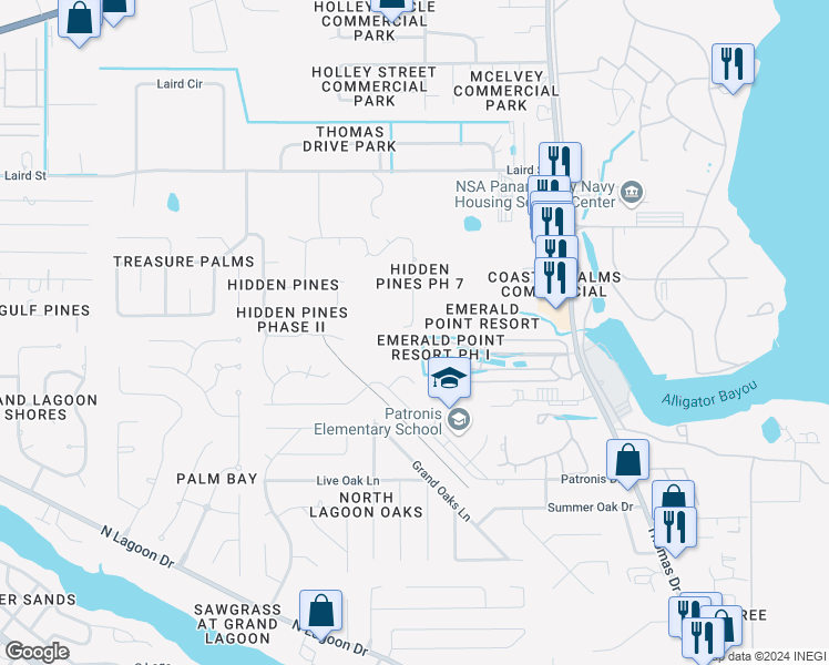 map of restaurants, bars, coffee shops, grocery stores, and more near 517 Hidden Island Drive in Panama City