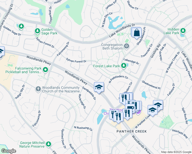 map of restaurants, bars, coffee shops, grocery stores, and more near 106 East Mistybreeze Circle in Spring