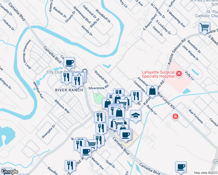 map of restaurants, bars, coffee shops, grocery stores, and more near 121 Woodsboro Drive in Lafayette