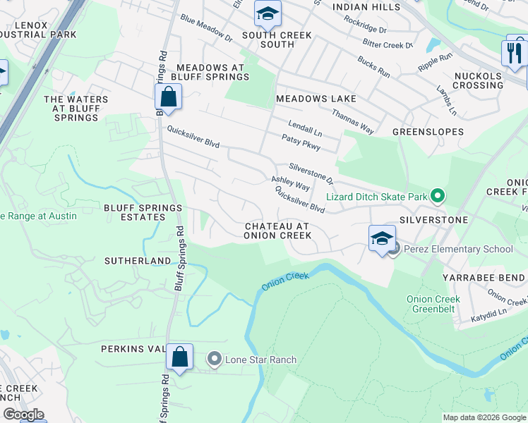 map of restaurants, bars, coffee shops, grocery stores, and more near 2521 Muirlands Drive in Austin