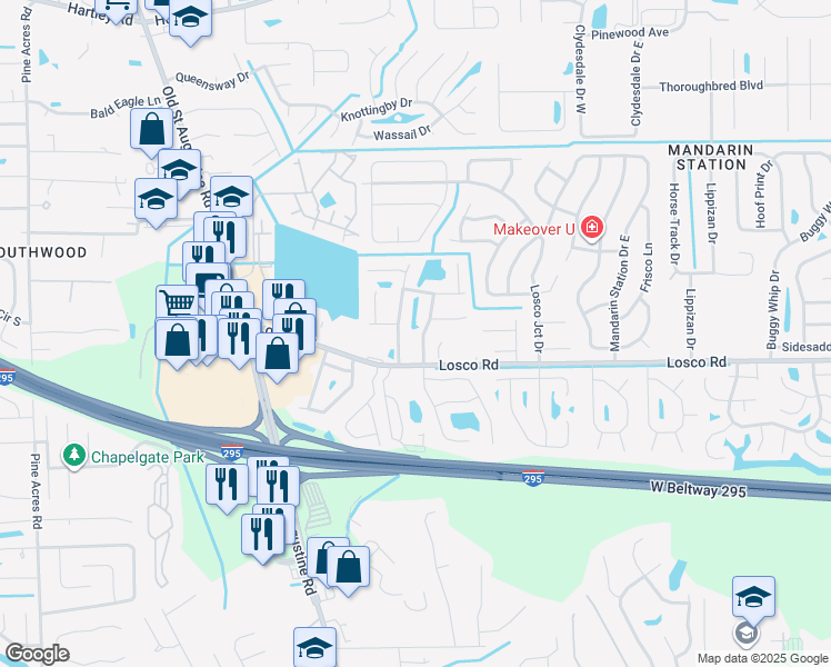 map of restaurants, bars, coffee shops, grocery stores, and more near 11088 Wandering Oaks Drive in Jacksonville