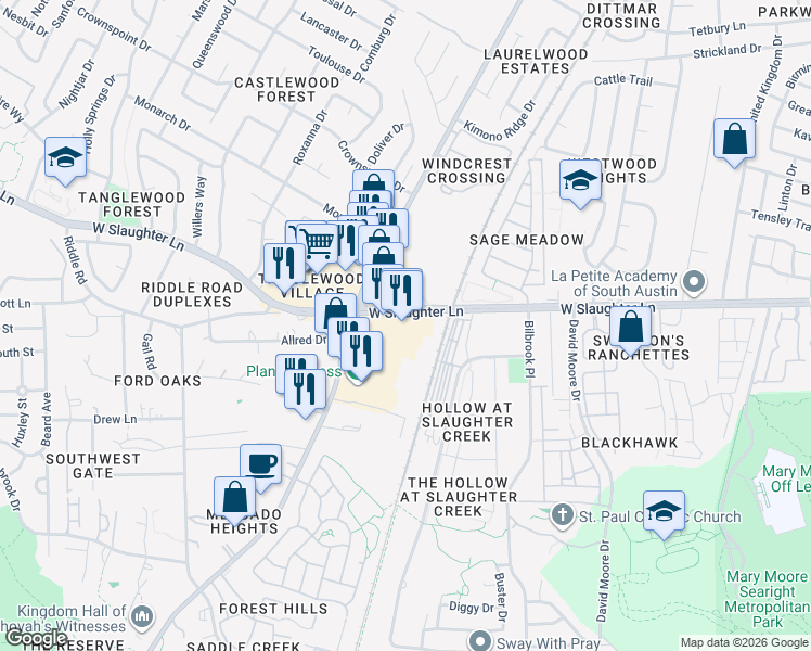 map of restaurants, bars, coffee shops, grocery stores, and more near 1807 West Slaughter Lane in Austin
