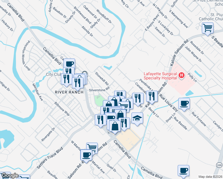 map of restaurants, bars, coffee shops, grocery stores, and more near 121 Woodsboro Drive in Lafayette