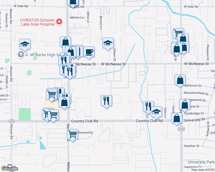 map of restaurants, bars, coffee shops, grocery stores, and more near 1500 North Greenfield Circle in Lake Charles