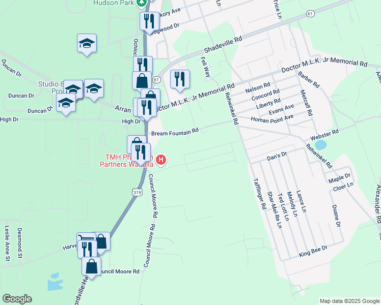 map of restaurants, bars, coffee shops, grocery stores, and more near 15 Council Moore Road in Crawfordville