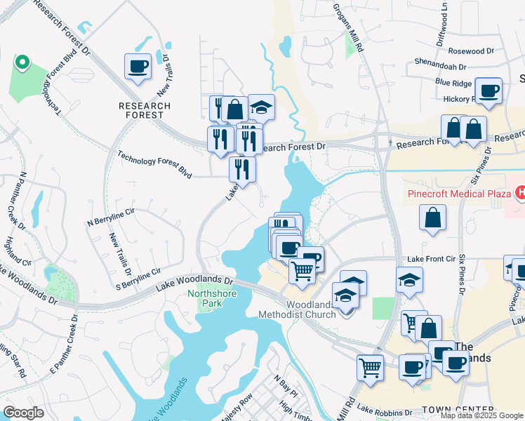 map of restaurants, bars, coffee shops, grocery stores, and more near 1501 Technology Forest Boulevard in The Woodlands
