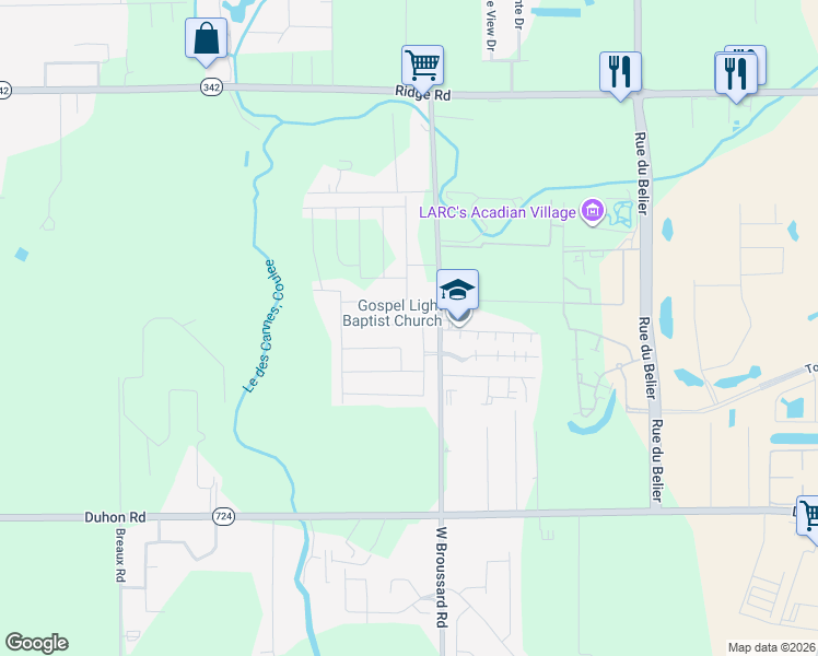 map of restaurants, bars, coffee shops, grocery stores, and more near 735 West Broussard Road in Lafayette