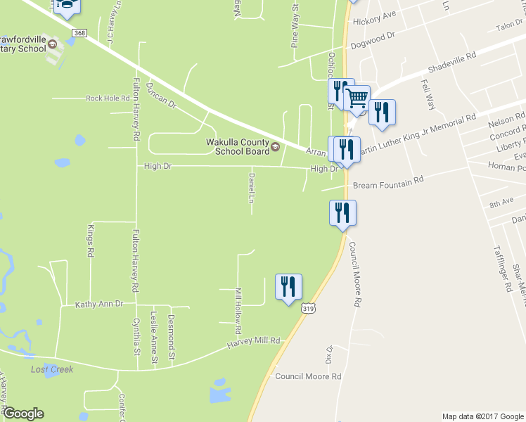 map of restaurants, bars, coffee shops, grocery stores, and more near 59 Daniel Lane in Crawfordville