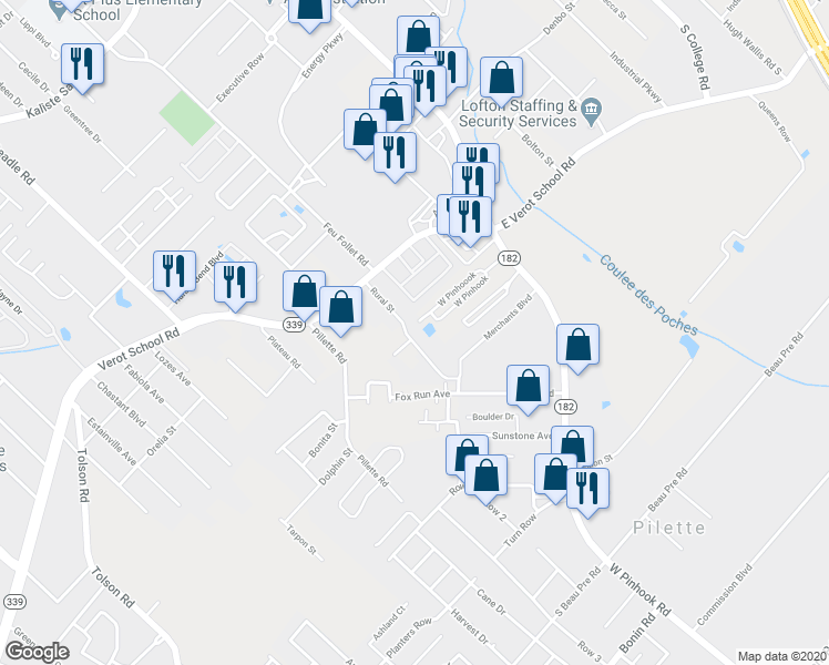 map of restaurants, bars, coffee shops, grocery stores, and more near 121 Rural Street in Lafayette