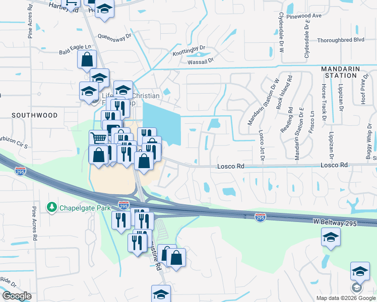 map of restaurants, bars, coffee shops, grocery stores, and more near 11039 Mill Pond Court in Jacksonville