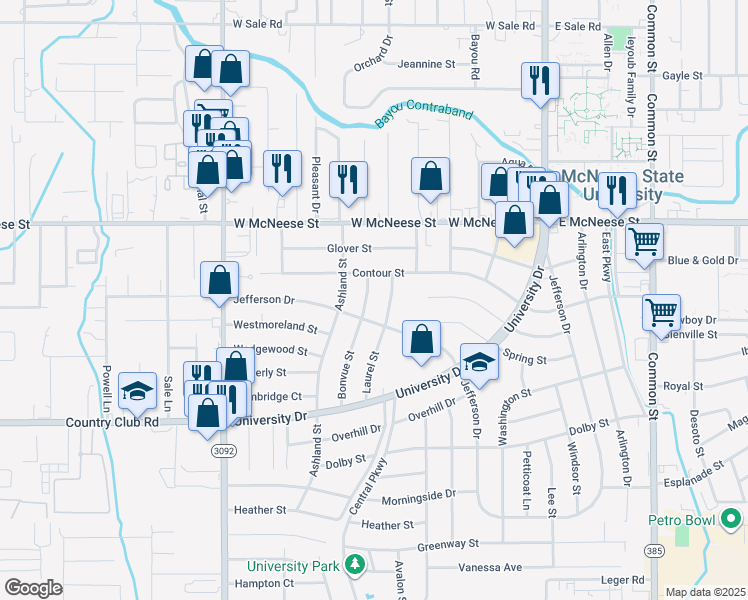 map of restaurants, bars, coffee shops, grocery stores, and more near 637 Contour Drive in Lake Charles