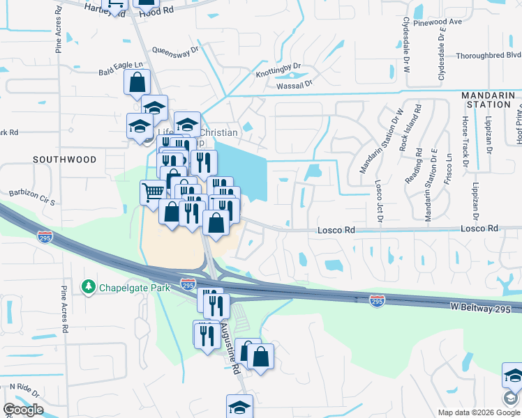 map of restaurants, bars, coffee shops, grocery stores, and more near 4263 Losco Road in Jacksonville
