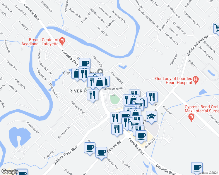 map of restaurants, bars, coffee shops, grocery stores, and more near 408 Silverstone Road in Lafayette