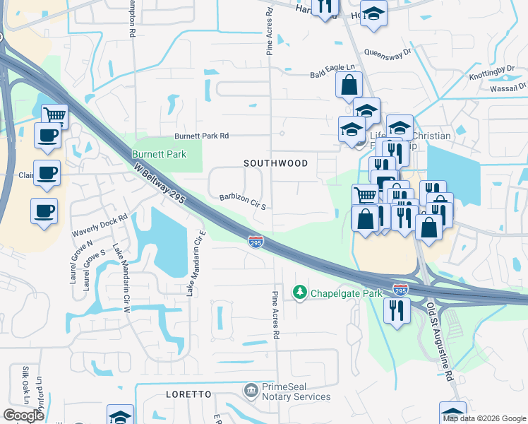 map of restaurants, bars, coffee shops, grocery stores, and more near 3792 Barbizon Circle South in Jacksonville