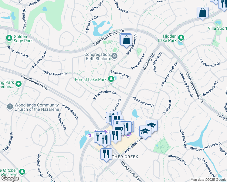 map of restaurants, bars, coffee shops, grocery stores, and more near 75 North Pathfinders Circle in Spring