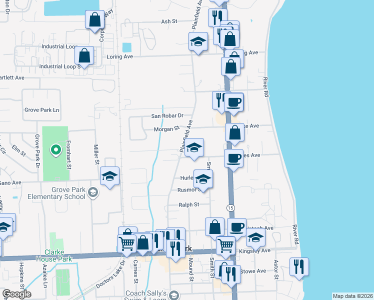 map of restaurants, bars, coffee shops, grocery stores, and more near 1401 Plainfield Avenue in Orange Park