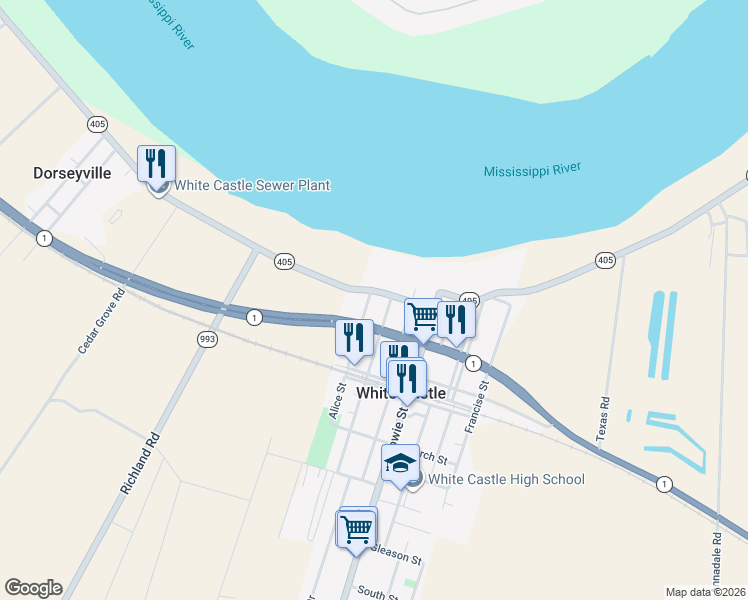 map of restaurants, bars, coffee shops, grocery stores, and more near 32055 Louisiana 405 in White Castle