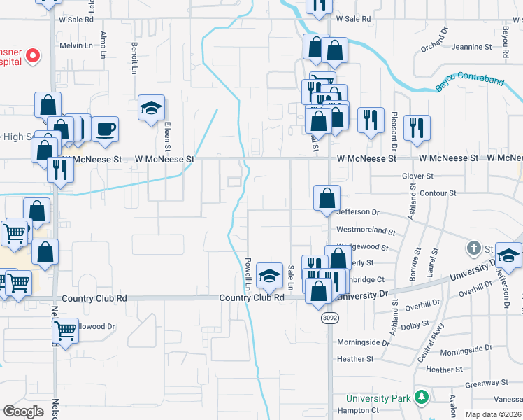 map of restaurants, bars, coffee shops, grocery stores, and more near 4521 Stillwood Lane in Lake Charles
