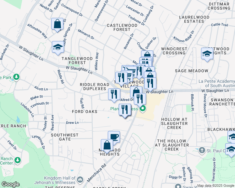 map of restaurants, bars, coffee shops, grocery stores, and more near 1201 Riddle Road in Austin