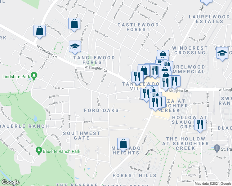 map of restaurants, bars, coffee shops, grocery stores, and more near Riddle Rd & Allred Dr in Austin