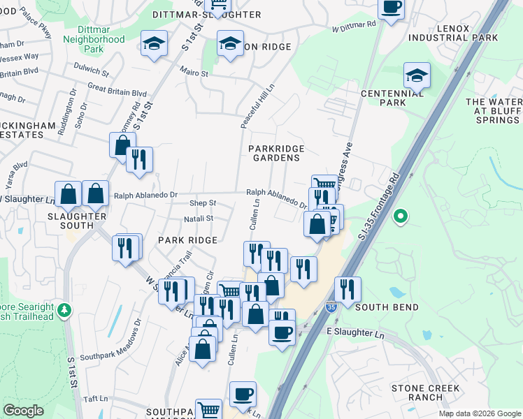 map of restaurants, bars, coffee shops, grocery stores, and more near 8605 Cullen Lane in Austin