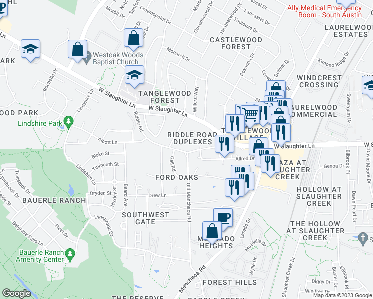 map of restaurants, bars, coffee shops, grocery stores, and more near 10203 Gail Road in Austin