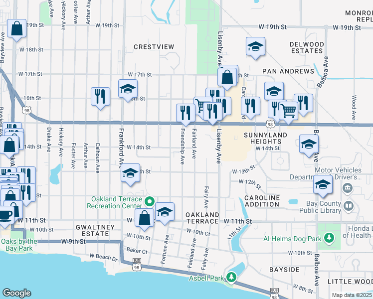 map of restaurants, bars, coffee shops, grocery stores, and more near 1411 Fairland Ave in Panama City