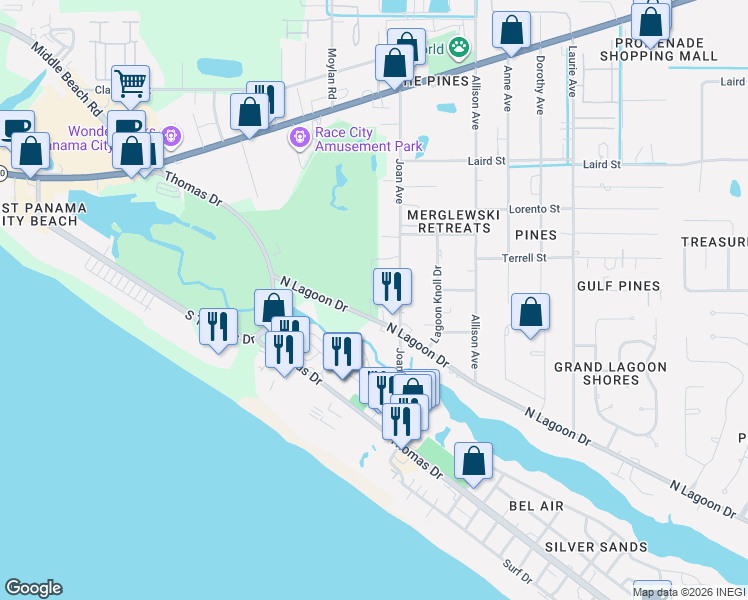 map of restaurants, bars, coffee shops, grocery stores, and more near 9308 North Lagoon Drive in Panama City Beach
