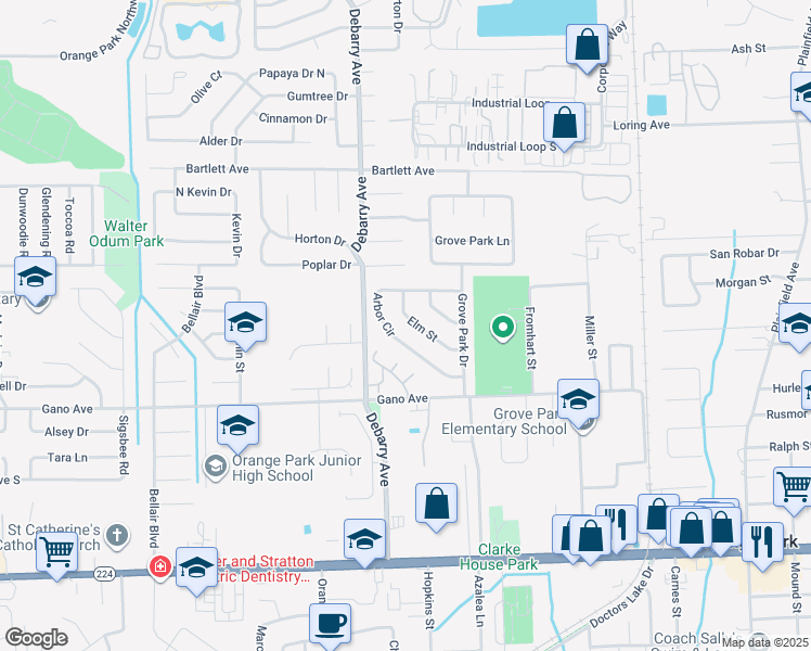 map of restaurants, bars, coffee shops, grocery stores, and more near 1255 Elm Street in Orange Park