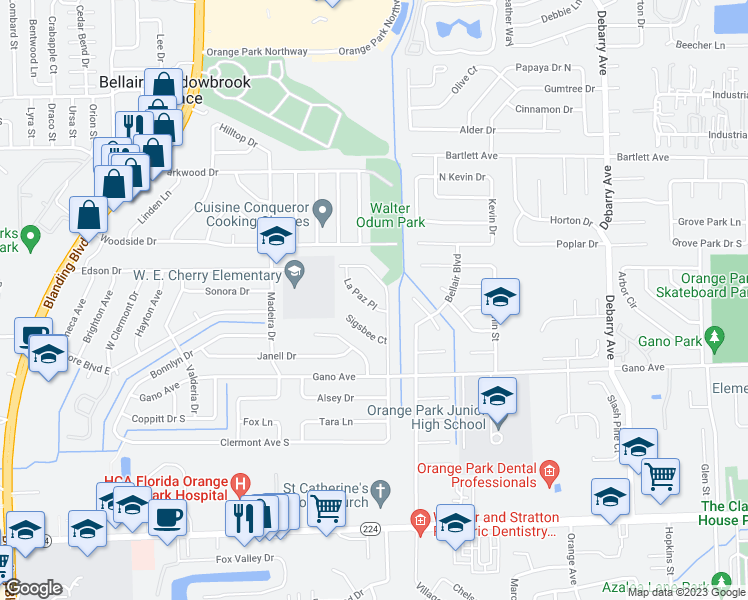 map of restaurants, bars, coffee shops, grocery stores, and more near 433 La Paz Place in Orange Park