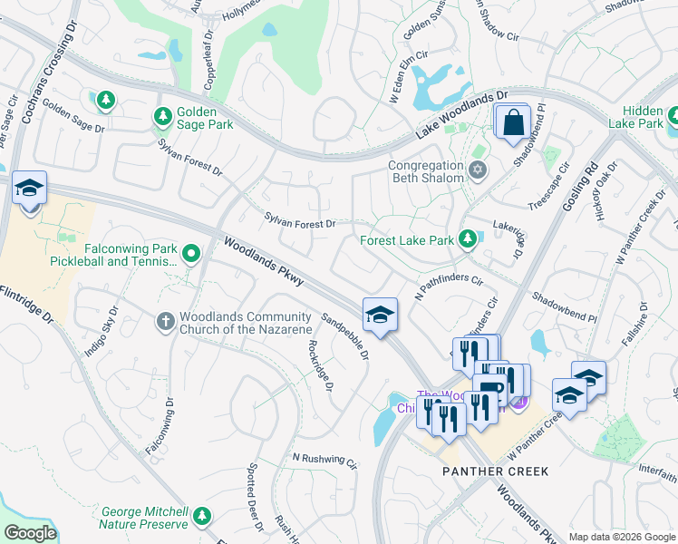 map of restaurants, bars, coffee shops, grocery stores, and more near 51 East Mistybreeze Circle in The Woodlands