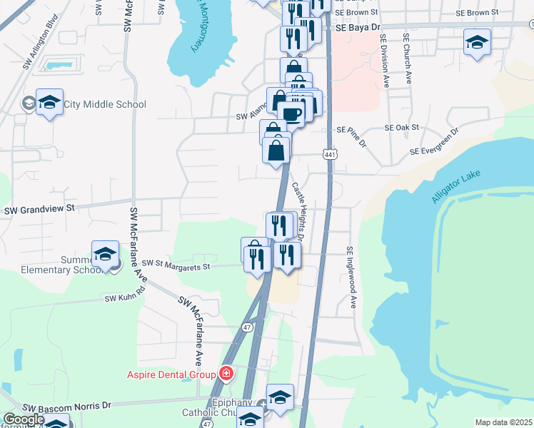 map of restaurants, bars, coffee shops, grocery stores, and more near 1126 Southwest Main Boulevard in Lake City