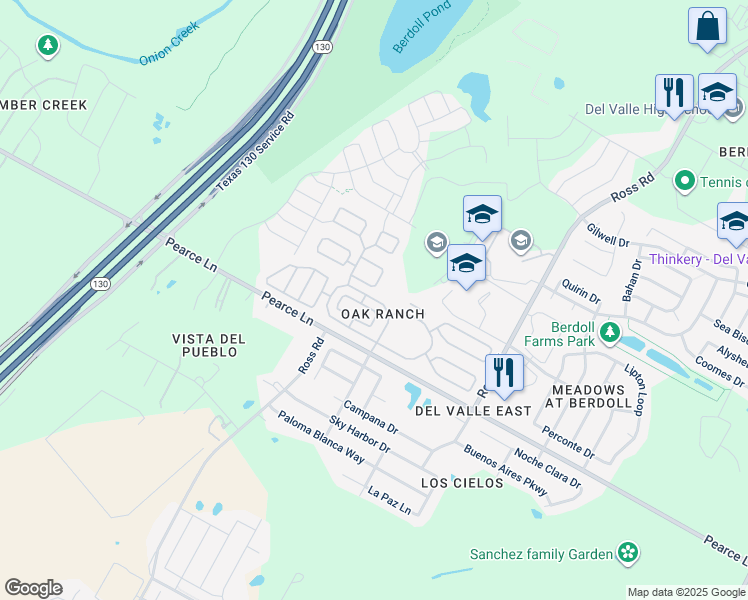 map of restaurants, bars, coffee shops, grocery stores, and more near 11215 Los Arboles Circle in Del Valle