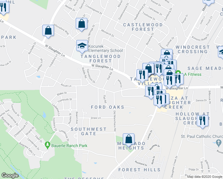 map of restaurants, bars, coffee shops, grocery stores, and more near 10203 Gail Road in Austin