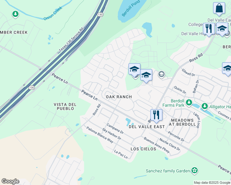 map of restaurants, bars, coffee shops, grocery stores, and more near 11215 Los Arboles Circle in Del Valle