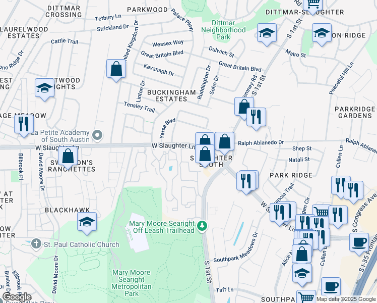map of restaurants, bars, coffee shops, grocery stores, and more near 715 West Slaughter Lane in Austin
