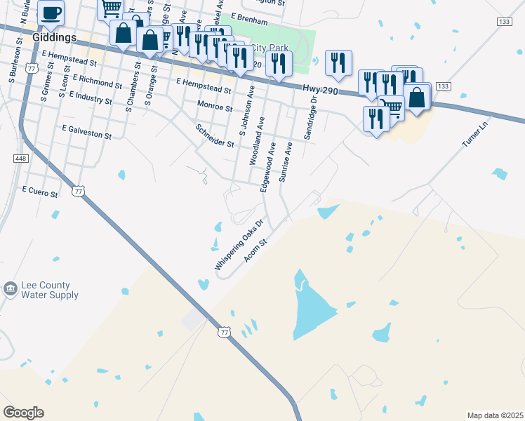map of restaurants, bars, coffee shops, grocery stores, and more near 665 Edgewood Avenue in Giddings
