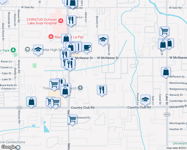 map of restaurants, bars, coffee shops, grocery stores, and more near 4598 Alley Way in Lake Charles