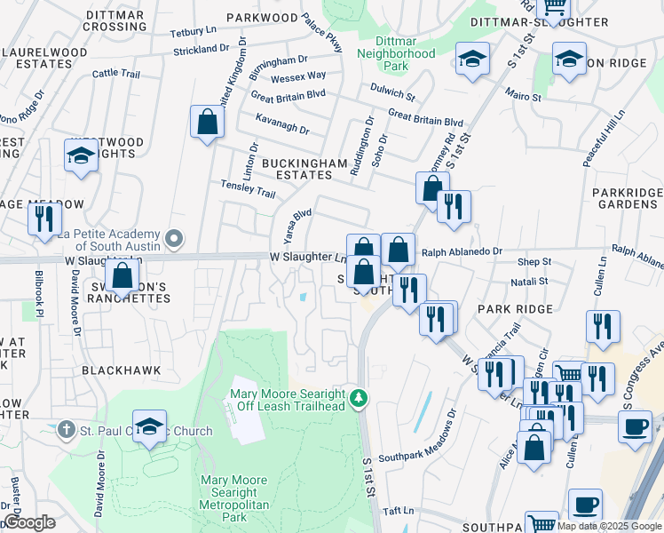 map of restaurants, bars, coffee shops, grocery stores, and more near 715 West Slaughter Lane in Austin