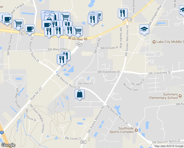 map of restaurants, bars, coffee shops, grocery stores, and more near 1800 Southwest Grandview Street in Lake City