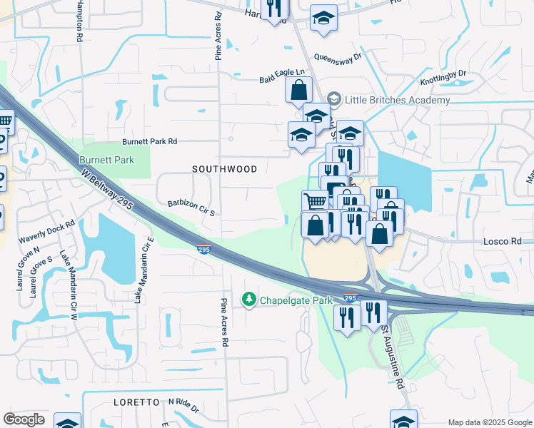 map of restaurants, bars, coffee shops, grocery stores, and more near 3917 Windridge Court in Jacksonville