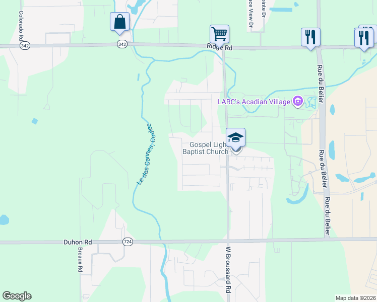 map of restaurants, bars, coffee shops, grocery stores, and more near 735 West Broussard Road in Lafayette